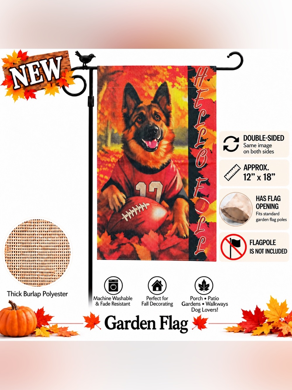 Garden flag, hello football fall German Shepherd, burlap, double sided, 12”x18”